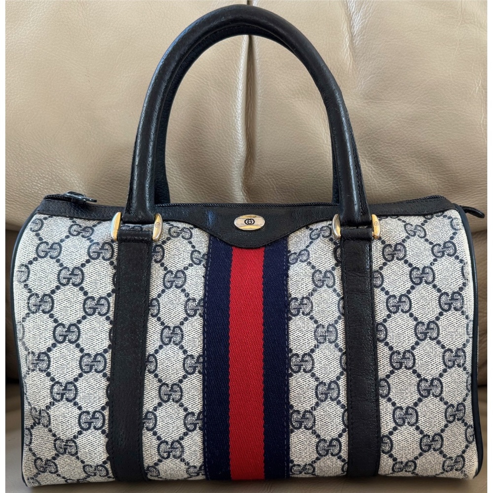 Authentic Vintage Gucci Boston Web Black Monogram Canvas Leather Bag